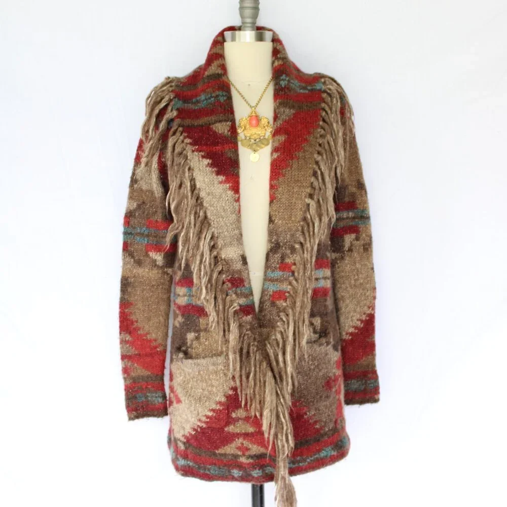 SOLD. RALPH LAUREN Denim Supply fringe polo RRL wool Aztec tribal Cardigan - Picture 4 of 10